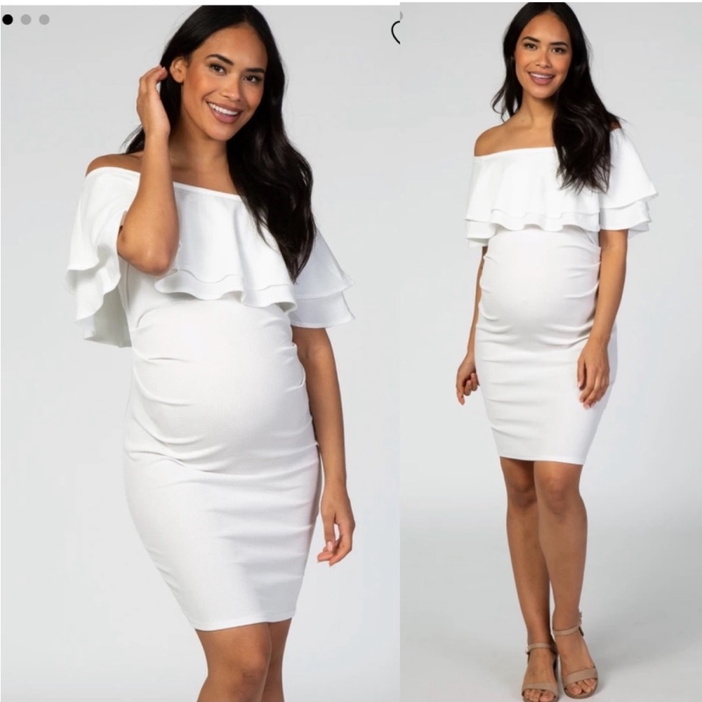 Pinkblush White Waffle Knit Off Shoulder Ruched Maternity Dress